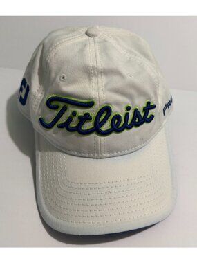 Titleist Golf Hat White Blue Green Script Logo Pro V1 Strapback Cap